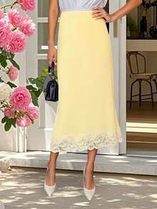 Womens Satin Midi Skirt Stylish Elegant Solid Color Lace Trim Slim Fit Mid Rise Skirt - Yellow - View 5