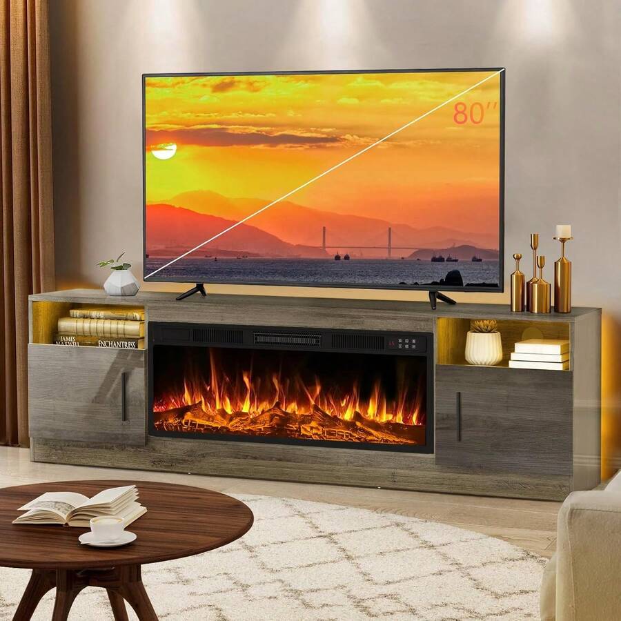 70 Inch Fireplace TV Stand Entertainment Center With 36" Fireplace, 70" Wooden TV Stand For TVs Up To 80", Media TV Console With High Gloss Storage Cabinet And 16 Colors LED Lights - 查看 1