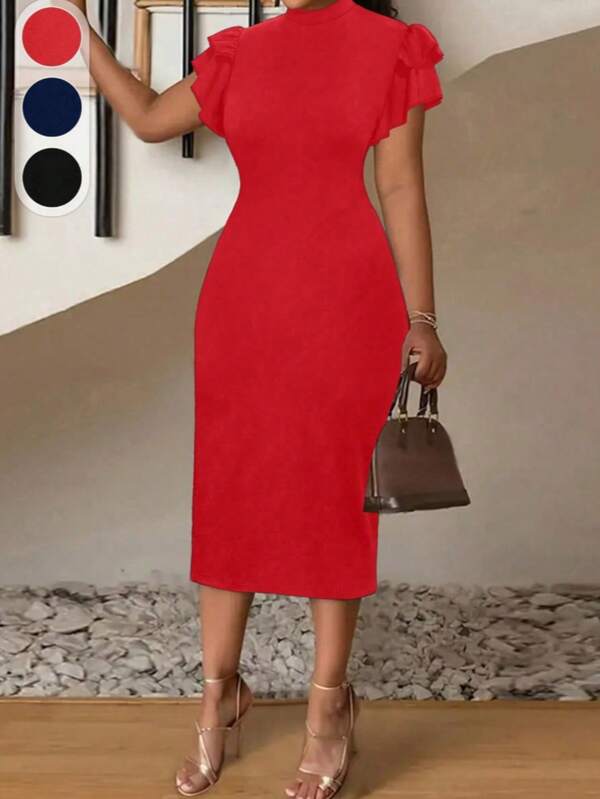 Plus Mock Neck Butterfly Sleeve Dress Bodycon Dress, ,Fall Clothes For Women