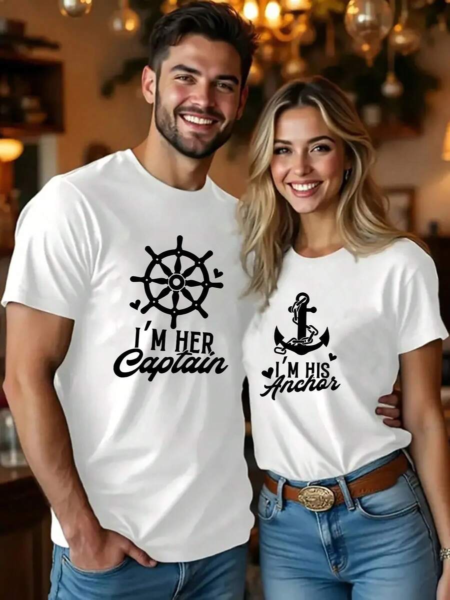 His And Hers Matching Couple's T-Shirt - Romantic Couple's Design With Monogrammed Design, Casual Crew Neck And Short Sleeves - Summer Wear Or Date Night!, Couple Outfits, Letter Print, Comfortable Fit, Durable Stitching, Unisex Apparel, Young Lovers - nam da trắng - Xem 1