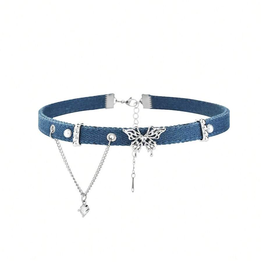 Butterfly Tassel Denim Series High-End Heart Choker Necklace Retro Blue Collar Chain - Denim Picture Color - View 1