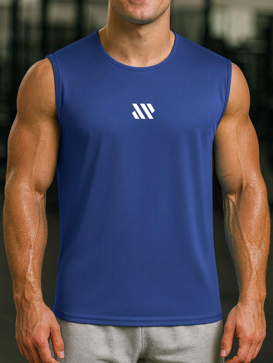 Men Solid Color Sleeveless Gym Tank Top Muscle Fit Workout Fitness Top Summer - Royal Blue - View 1