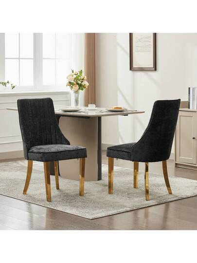 Flocked Chenille Rayon Dining Chairs, Com Tafel Kitchen Stoel Fabric Upholstery Goud Stainless Steel Legs, Set Of (Black). view 4