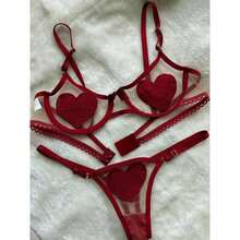 Transparent Tulle Set With Heart Appliqué And Bow. - 紅色 - 查看 2