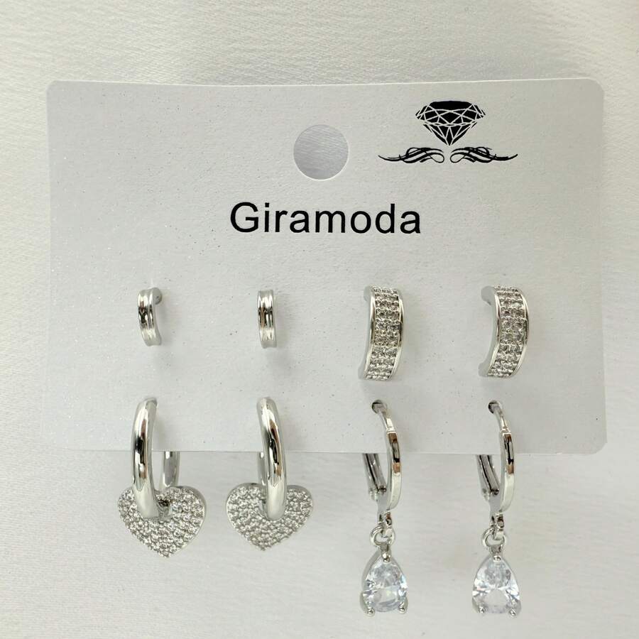 Kit de 4 Pares brincos femininos em formato de coração urso e zircônias coloridas banhados a ouro 18K e prata 925 - B117 - Visão 1