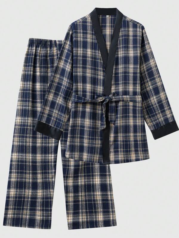 New Men's Fashion Casual Sleepwear Set, Long Sleeve Robe And Pants