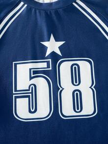 2pcs/Set Girls Casual Everyday Wear Fashion Letter Print Round Neck Short Sleeve T-Shirt And Long Pants Set, Summer - Navy Blue - View 4