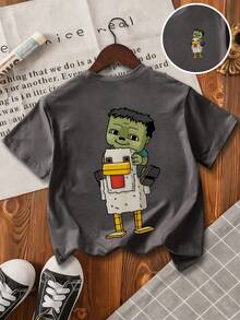 Young Boy Cartoon Print Short Sleeve T-Shirt - Dark Grey - View 3