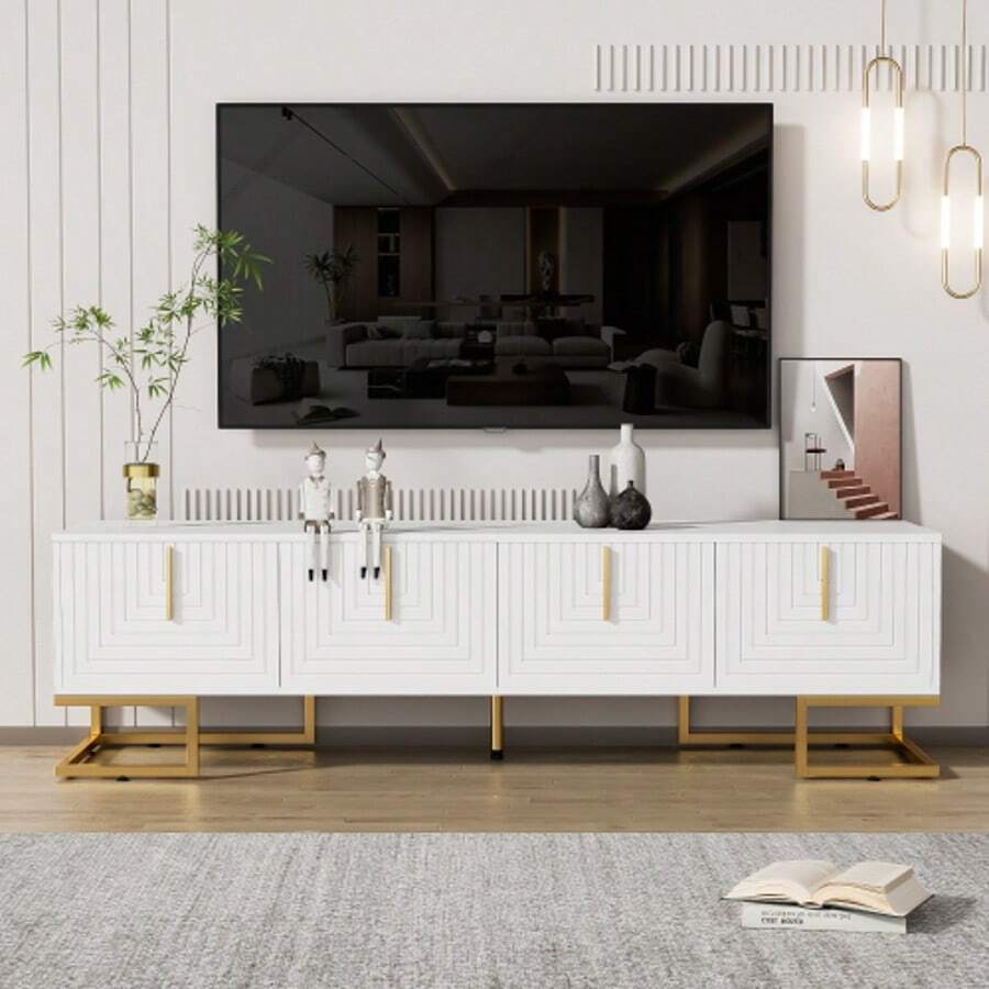 TV-Schrank, Lowboard With Structured Tür, TV-Möbel, Golden Griffen And Golden Füßen - White - View 1