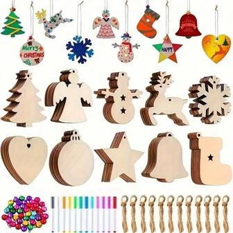 30pcs Wooden Creative Christmas Decorations - Unique DIY Doodle Fragments Home Decor - Includes 10 Outdoor Hanging Display Ropes (10 Wooden Signs, 10 Mixed Color Bells, And 10 Hemp Ropes), Ideal For Christmas, Winter, Christmas Gifts, Christmas Ornaments, Christmas Handmade Gifts