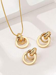 YUNCHUN 3pcs/Set Fashionable Metal Geometric Circle Jewelry Set For Women, Versatile Design Suitable For Daily Wear And Various Occasions - Gold - View 5