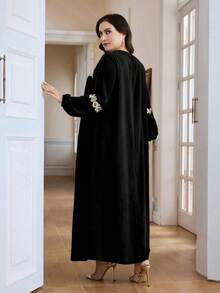 中东风情复古宽松加大码及膝连衣裙，休闲外套 - 黑色 - 查看 2