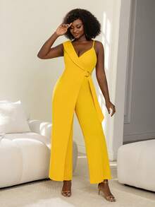 Plus Size Deep V-Neck Jumpsuit, Wide Leg Cut, Suitable For Casual Gatherings, Street Style And Daily Wear - Yellow - View 5