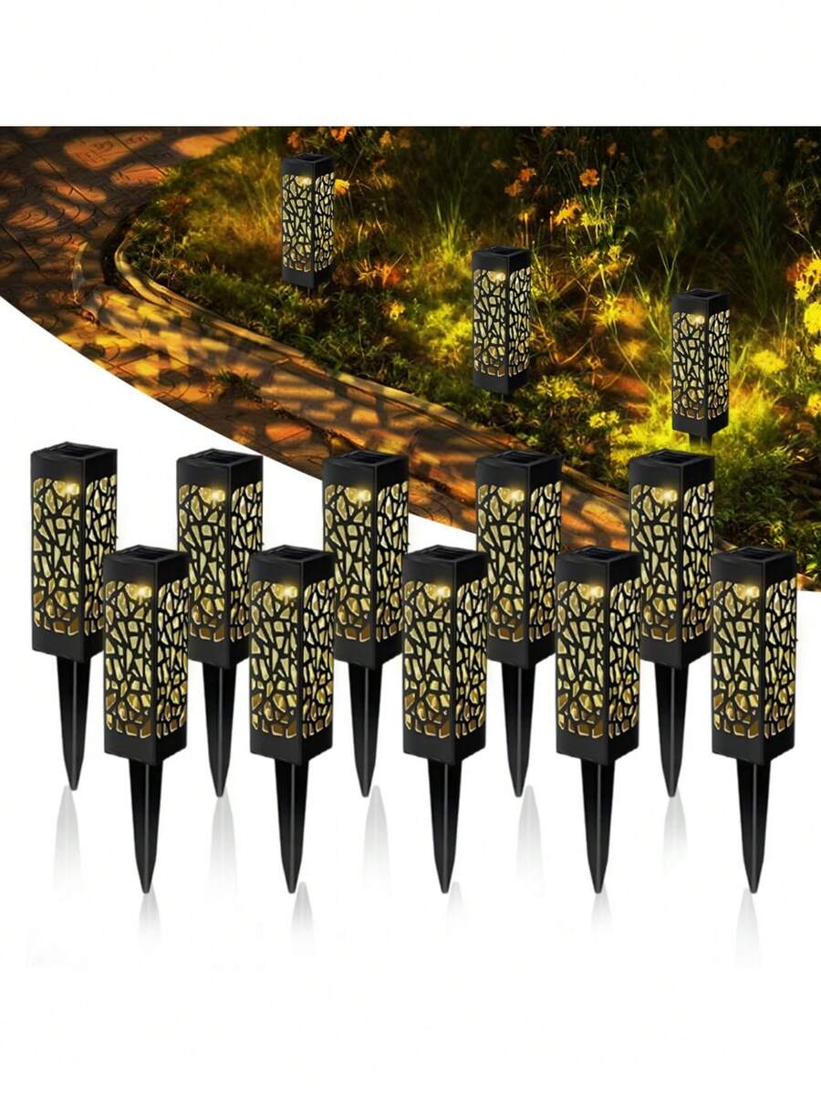 [Small Speaker] Outdoor Garden Solar Lawn Lamp, Rectangular Hollow Projection Lamp, Waterproof Design, Equipped With 200 MAh Battery, Made Of ABS Resin Material. Suitable For Outdoor Garden Ground Lighting, Night Lighting Of Family Terraces, Garden Lawn Path Lights, Can Also Be Used As A Gift For Holiday Parties Or Birthdays. - 暖光 - 查看 1