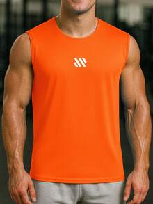 Men Solid Color Sleeveless Gym Tank Top Muscle Fit Workout Fitness Vest - Orange - View 1