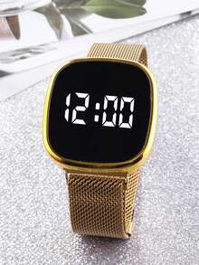 Innovative Dial Magnetic Buckle Milanese Band Digital Sports Watch - Gold - View 4