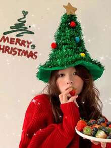 1 pieza Sombrero de árbol de Navidad, Sombrero navideño de oropel verde para sesión de fotos, Sombrero navideño mágico de chenilla verde (el color de las bolas es aleatorio) - Multicolor - Ver 3