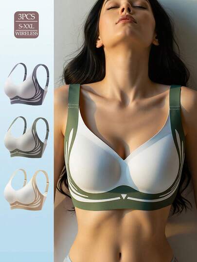 3pcs Set Seamless Wireless Lift Up Sports Bras For Women, With Breathable Lining, Removable Padding, Contrast Colors