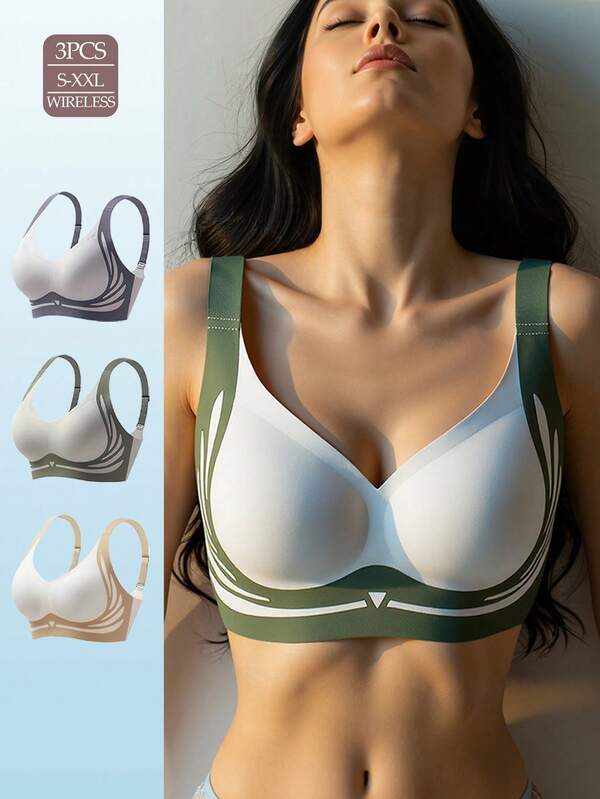 3pcs Set Seamless Wireless Lift Up Sports Bras For Women, With Breathable Lining, Removable Padding, Contrast Colors