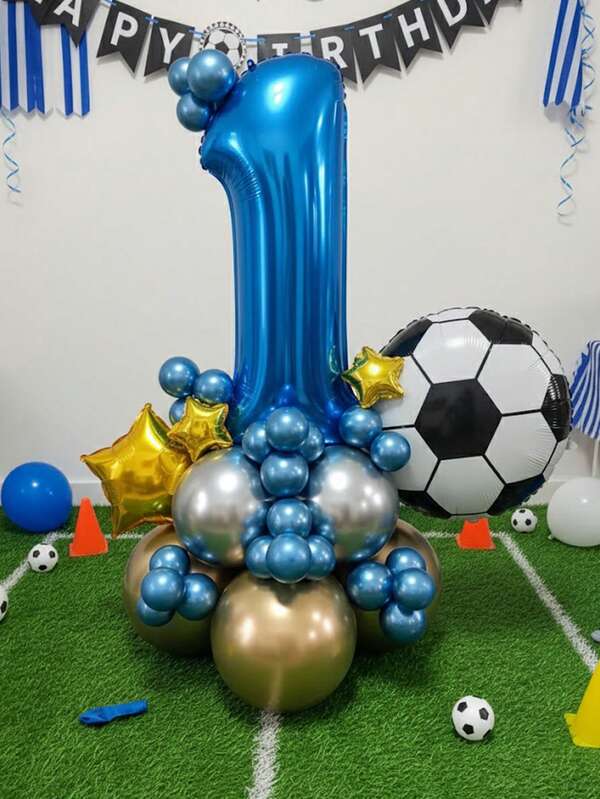 38pcs Birthday Decoration Balloon Set, 32" Blue Number "0-9", 18" Football Shaped, Gold Star Foil Balloons, Gold & Silver Base Latex Balloons, Suitable For Birthday Party Decoration, Football Theme Party, World Cup Commemoration, Boys' Birthday Football Match Celebration
