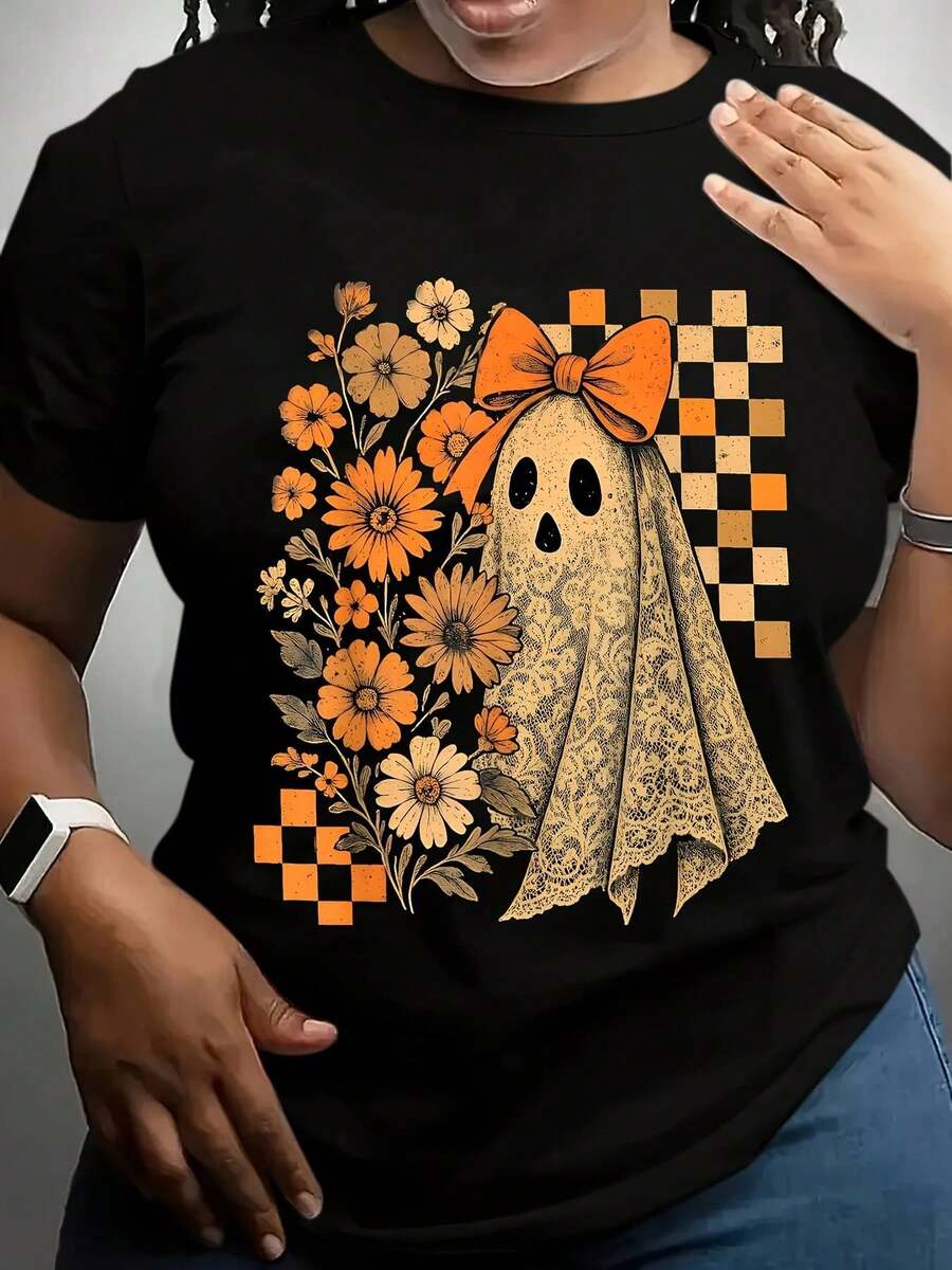 Camiseta de Halloween para Mujer Talla Grande - Diseño Floral con Paleta de Colores Naranja Suave y , Top Casual para Fiestas o Uso Diario, Lavable a Máquina, Moda Estacional, Ajuste Cómodo, Manga Corta, Compras Festivas