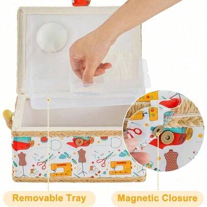 Hobby Gift Sewing Storage Box, Filled Sewing Box With Tray, Craft & Hobby Organizer, Portable Storage For Sewing, Quilting & Scrapbooking, 24 X 17.5 X 13 Cm