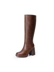 Women's Chunky Block Heel Knee High Boots Square Toe  Side Zipper Platform Solid Color Fashionable Gogo Boots - màu nâu - Xem 4