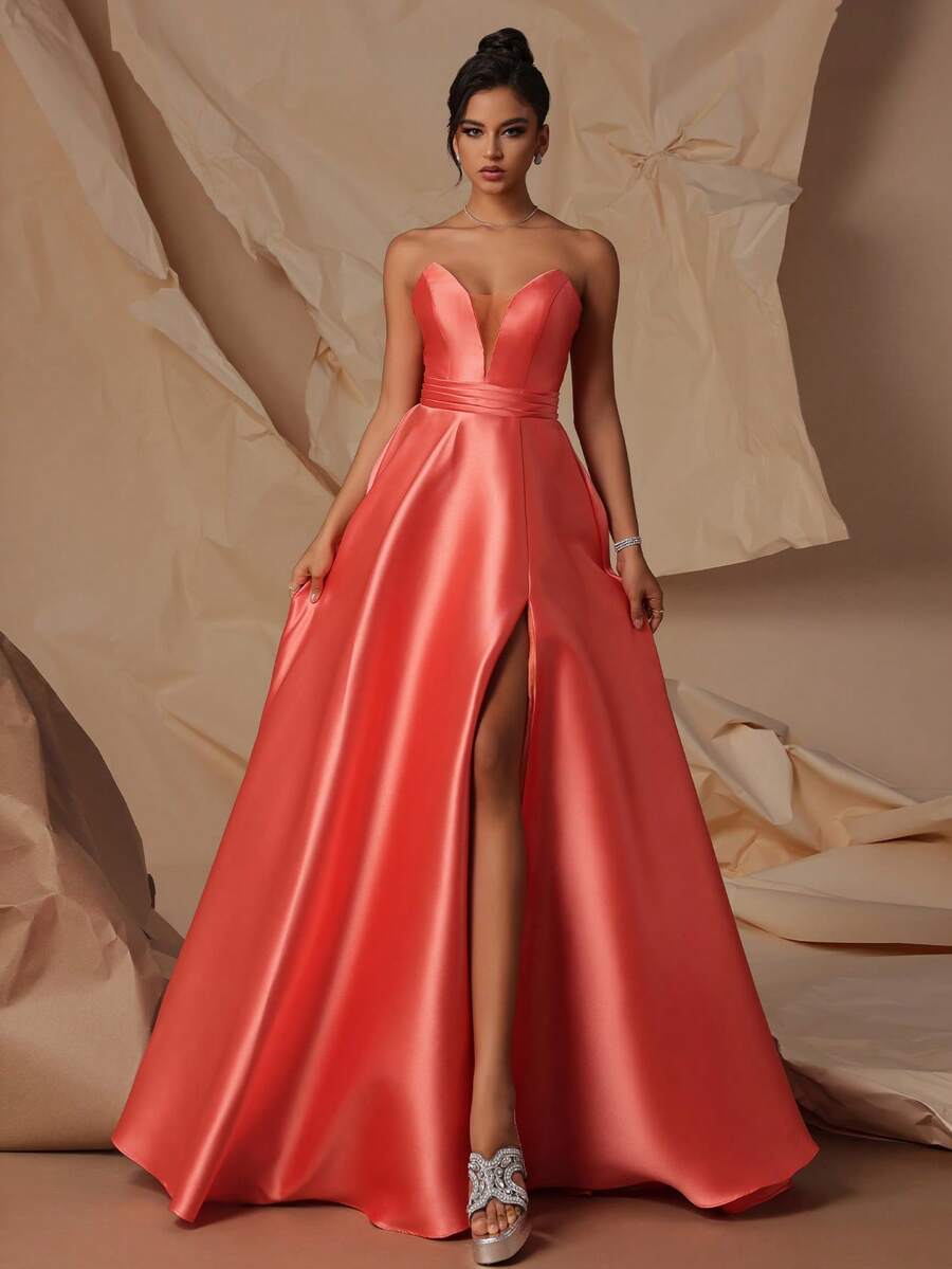 VIPGIRL - Charming Strapless Coral Satin Evening Gown, Mesh Details, High Slit Design - Elegant Formal Ball Gown, Suitable For Special Occasions - Orange - View 1
