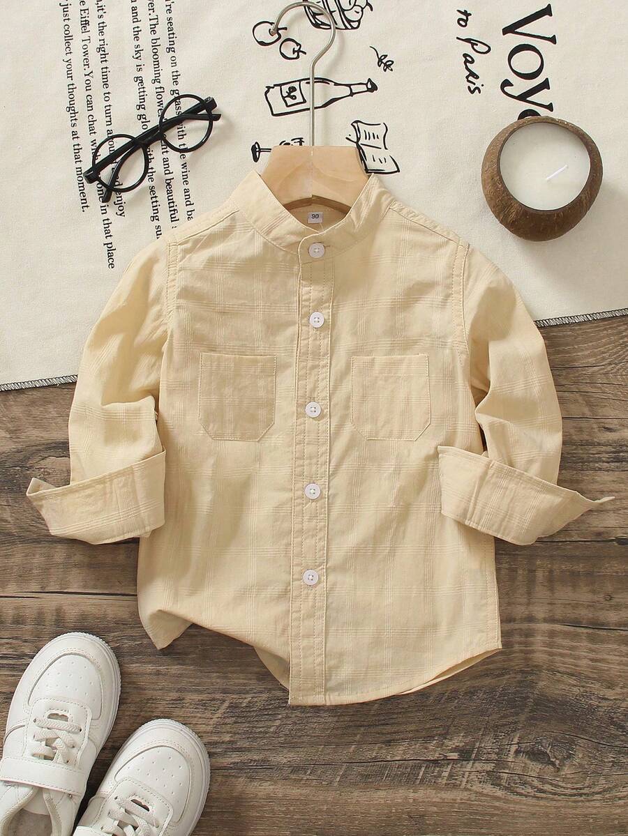 1pc Boys' Khaki Embroidered Casual Button-Down Long Sleeve Shirt, Suitable For Birthday Party, Gala, Christening, And Baby Baptism Formal Wear, Spring/Autumn Young Boy Clothing - Khaki - View 1