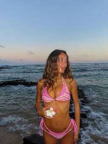 两件套休闲纯色格子蝴蝶结优雅性感系带珍珠球比基尼泳衣，适合海滩度假，春夏粉色 - 粉色 - 查看 2