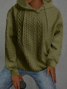 Plus Size Women Loose Casual Solid Color Jacquard Knit Long Sleeve Sweatshirt - Army Green - View 6