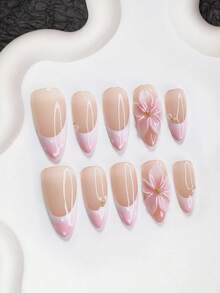 10pcs Pink Gel Nail Art Set, Polka Dot Nail Stickers, Handpainted French Nail Decals, 3D Gradient Floral Fake Nails With Small Pearl Accents, 3 Sizes: Almond, Coffin, Duck Mouth, Includes Nail Tools (1 Jelly Sticker + 1 Nail File), Suitable For Party, Wedding, Autumn/Winter, Casual & Daily Wear, Great Gift For Women - 彩色 - 查看 15