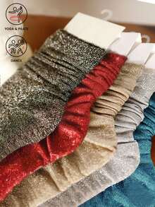5 Pairs Mixed Color Metallic Shiny Crinkle Socks, Metallic Luster Mid-Calf Socks - Multicolor - View 1