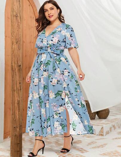 Vestido de talla grande plus cruzado con estampado floral en v moda para mujer vestido con cinturón elegante,Navidad, Regalo de Navidad, Invierno, Día de Acción de Gracias, Decoración Navideña, Maquillaje, Fiesta, Playa, Viajes, Ropa de Vacaciones