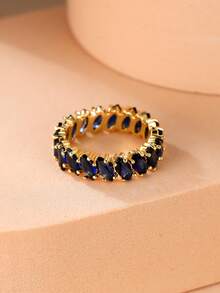 1枚设计师款小众蓝宝石马眼形切割锆石镀金女士戒指，百搭派对首饰，节日礼物 - 寶藍色 - 查看 5