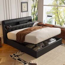 Elegant Upholstered Bed, 140 X 200 Cm, Hydraulic Bed, Concealed Headboard Storage, Slatted Base, PU, With Slatted Base And Headboard, Without Mattress, Black - Black - View 12