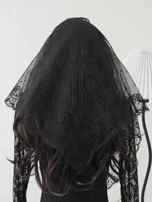 1pc Embroidered Cross Church Veil Headscarf, Wedding Shawl Scarf, Black & White Lace Trim Breathable Triangular Scarf - Multicolor - View 3