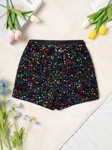 少女彩色亮片装饰短裤，夏季 - 黑色 - 查看 1