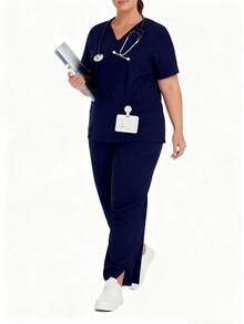 cimmuovere Ensemble de blouse et pantalon fendu pour femmes grandes tailles, col en V unicolore, manches courtes. Tenue de travail pour infirmière, laboratoire ou vétérinaire, avec poches. Printemps - Bleu marine - Voir 8