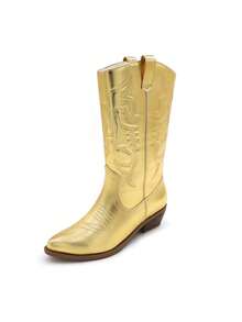 Lurnyet Cowboy Boots For Women Cowgirl Western Boots Fashion Embroidery Stitched Chunky Heel Mid Calf Boots WACOW-2 - 金色 - 查看 3