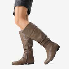 Women's Wide Calf Knee High Boots Fur Lined Side Zipper Fall Winter Boots - 卡其色 - 查看 1
