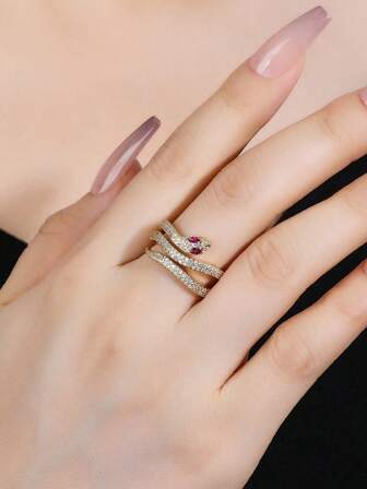 Anillo con forma de serpiente con decoración de circonita, diseño ajustable y abierto, anillo ajustable para mujer - Estilo de moda multifuncional, adecuado para regalos de aniversario, Navidad y cumpleaños