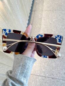 新款时尚方形眼镜框，欧美风女士大框平光镜片，花卉印花性感款 - 淺藍色 - 查看 3