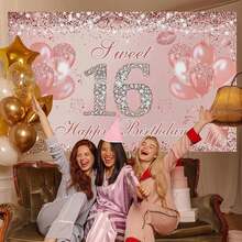 1 cái Phông nền biểu ngữ sinh nhật Sweet 16 màu vàng hồng Trang trí tiệc Sweet 16 cho bé gái Bóng bay lấp lánh Đạo cụ chụp ảnh sinh nhật 16 tuổi - Nhiều màu - Xem 3