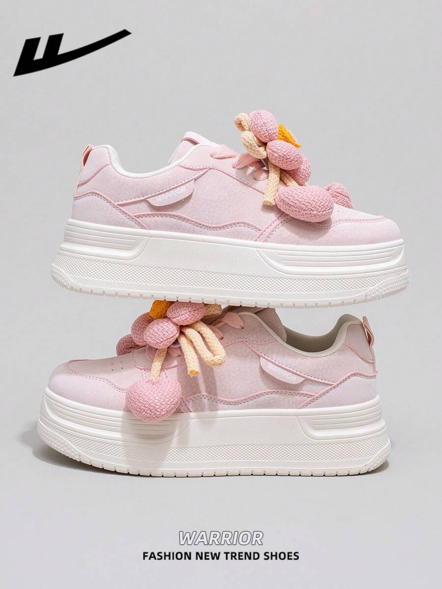 1双 WARRIOR 女士厚底系带软底休闲鞋，低帮户外平底鞋，保暖冬季鞋，通勤鞋，圆头低跟防滑纯色优雅软底徒步鞋，适合学生毕业照拍摄，低帮皮质运动鞋 - 粉色 - 查看 1