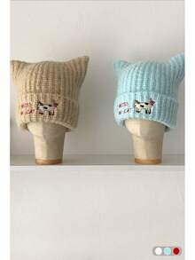 1顶猫耳长毛绒可爱兔耳保暖耳罩帽，针织混纺针织帽，女士秋冬款