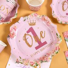 Pink Floral 1st Birthday Petal Shaped Disposable Plate, Napkin, Cup Set, Plates, Napkins And Cups Party Supplies, Serves 10 Guests, Disposable Paper Plates Party Tableware Suitable For Birthday, Wedding, Party, Family Picnic - Multicolor - View 5