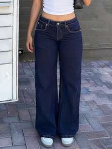 MYOURSA Women's Loose Low Waist Wide Leg Jeans, Casual Y2K College Style Street Wear, Autumn - Dark Wash - View 3