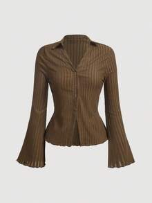 Women's Solid Color Textured Fabric Collared Shirt With Unique Bell Sleeves - Brown - View 3