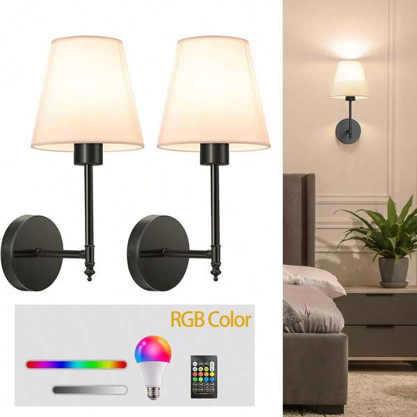 2Pcs Retro Black, Gold, Silver With Rechargeable RGB Bulbs Fabric Wall Lamp Decorative Fixture Suitable For Living Room Bedside Dressing Table Wall Lamp Bedroom Living Room Study Wall Mounted Lamp